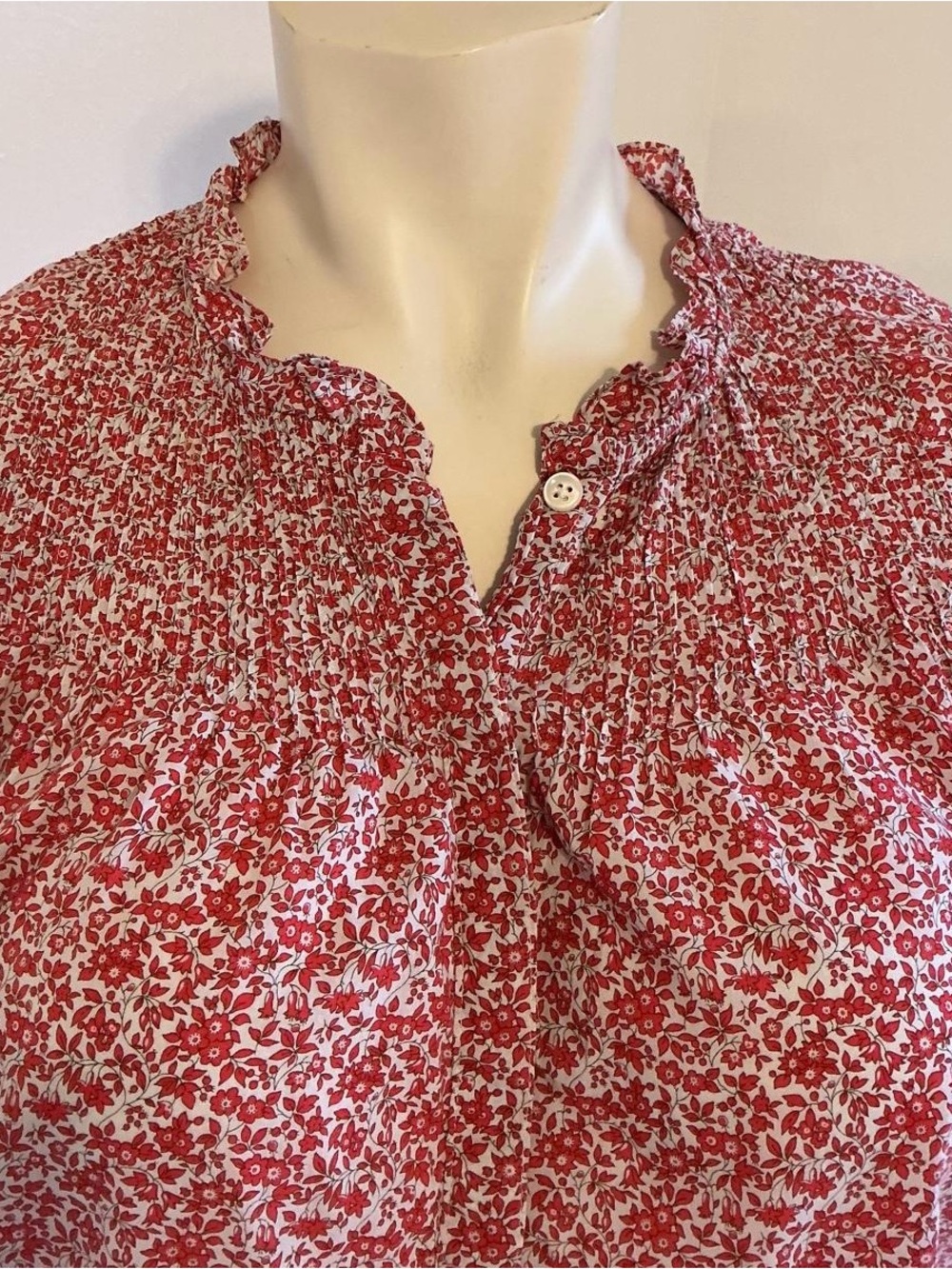 J. Crew Red and White Floral Pintuck Button-Front Shirt